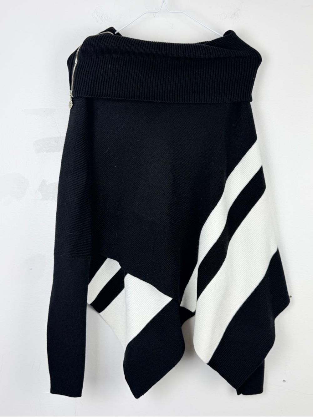 NWT White House Black Market Black White Stripe Zip Neck Poncho Sweater capsule - Picture 3 of 6